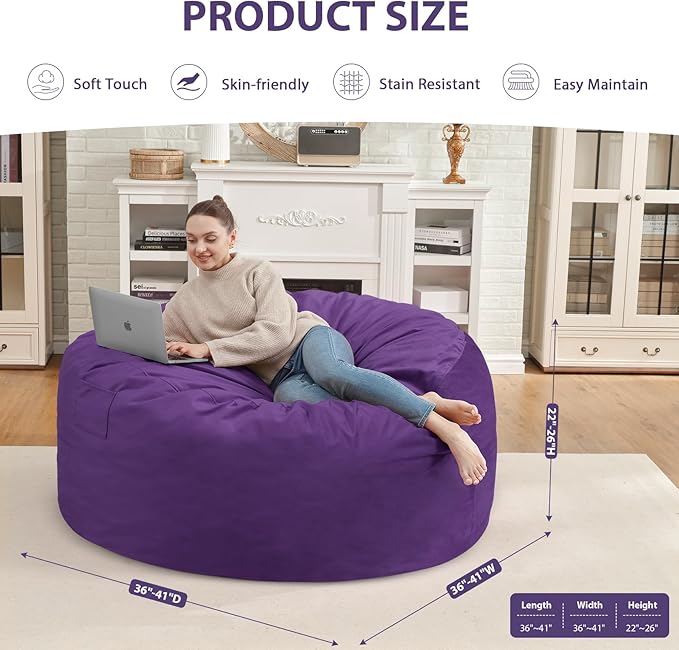 3FT Bean Bag Chair, Comfy Bean Bag Chairs with Memory Foam Filled, Fluffy Beanbag Sofa with Dutch Velvet Cover, Round BeanBag Chairs for Living Room, Playroom - Purple-CubbioJoy