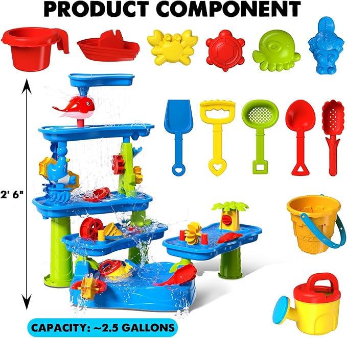 CozyBomB™ Water Table for Toddlers 3-5 | Outdoor Toys Water Play Table, Magnetic Fishing Toy Game, Summer Splash Pond Showers Sand Activity, Sensory Party Birthday Gift Kids Ages 4-8 9-12 (5-Tiers)-CubbioJoy