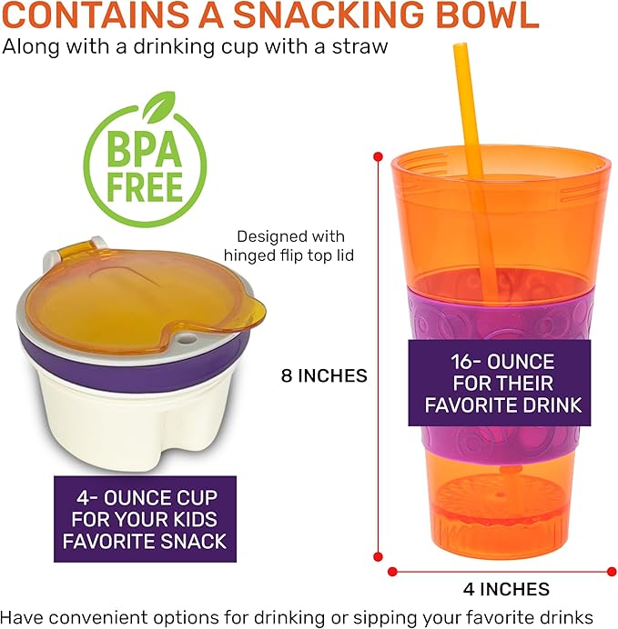 2 in 1 Snack Drink Cup Kids Spill Proof Tumbler Plastic Straw Lid Locks 16 Oz-CubbioJoy