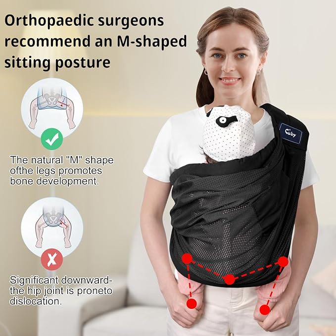 CUBY Mesh Baby Sling Carrier, Breathable Lightweight Baby Wraps Sling with Adjustable Strap Storage Bag- Easy to Wearing Front Baby Slings for Newborn Infant Toddler Carry Up to 40lbs (Black Mesh)-CubbioJoy