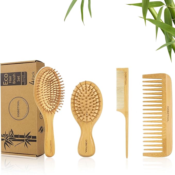 Bamboo Hair Brush Set - Natural Bamboo Paddle Detangling Hairbrush and Comb Set, Suit for Thick/Thin -Gift for Women Men and Kids-CubbioJoy