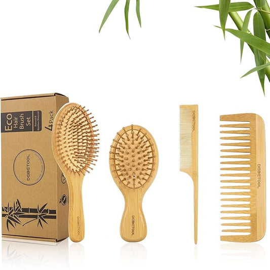 Bamboo Hair Brush Set - Natural Bamboo Paddle Detangling Hairbrush and Comb Set, Suit for Thick/Thin -Gift for Women Men and Kids-CubbioJoy