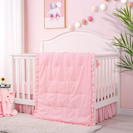 Cloele 3 Pieces Crib Bedding Set for Girls- Solid Ruffle Quilted Includes Comforter Fitted Sheet Crib Skirt,Cute Ruffled Nursery Baby Crib Standard Size Baby Bedding Set Pink-CubbioJoy