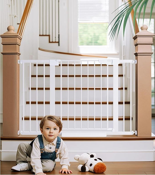 Cumbor 29.7-48" Baby Gate for Stairs, Mom's Choice Awards Winner-Dog Gates for Doorways, Auto Close Safety Pet Gate for Dogs Indoor, Easy Install Pressure Mounted Child Gate with Walk Thru Door, White-CubbioJoy