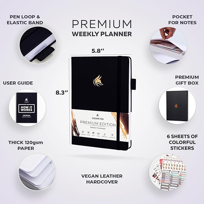 Clever Fox Planner Premium Edition – Undated Luxurious Weekly & Monthly Planner to Increase Productivity and Hit Your Goals – Organizer – Start Anytime, A5, Lasts 1 Year, Black (Weekly)-CubbioJoy