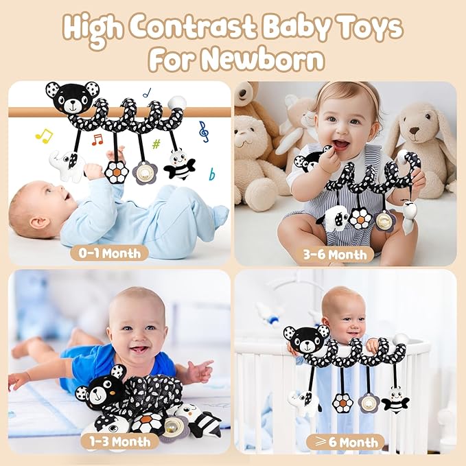Car Seat Toys for Babies 0-6 Months,Hanging Rattle Toys for Crib Mobile, Baby Spiral Hanging Stroller Black and White High Contrast Toys for Newborn 0 3 6 9 12 Months Baby Boys Girls (Bear)-CubbioJoy