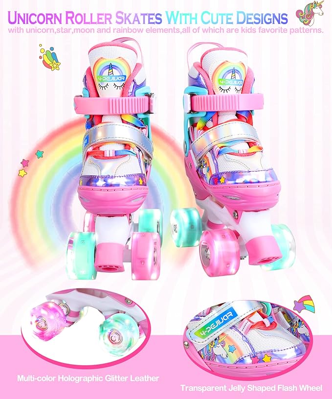 4-Pejiijar Rainbow Unicorn Kids Roller Skates for Girls Toddler Ages 2-4 5-8 8-12,Adjustable Roller Shoes with Luminous Wheels for Birthday Xmas Gifts-CubbioJoy
