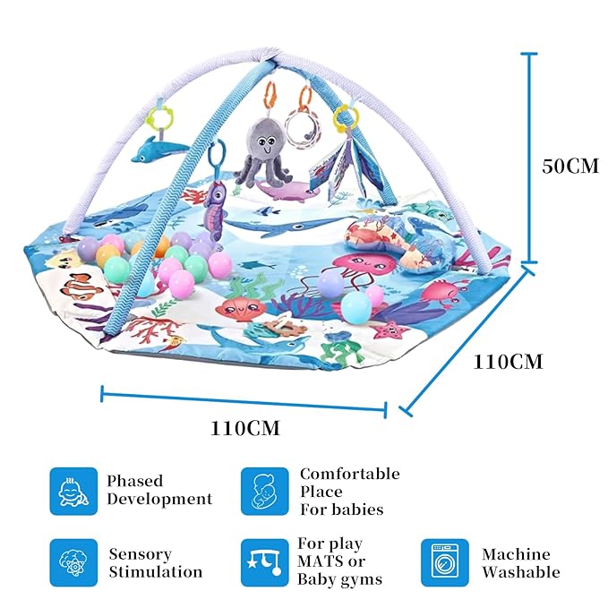 Baby Play Gym Mat,10-in-1 Tummy Time Mat,Sea World Baby Play Mat Activity Gym,Washable Foldable Baby Floor Play Mat for Infants and Toddlers from 0-6-12 Months Newborn Sensory Motor Skill Development-CubbioJoy
