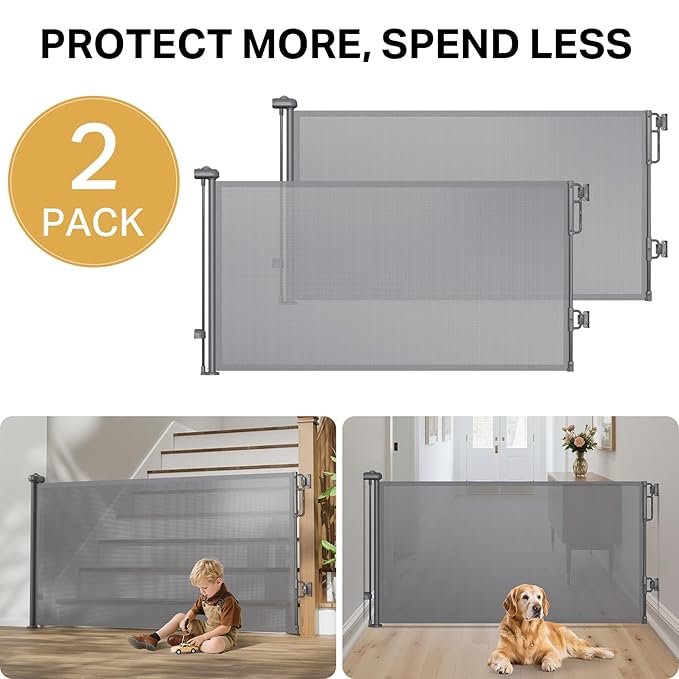 Cumbor 2-Pack Retractable Baby Gates for Stairs, 55" Wide Soft Mesh Pet Gate for Dogs with One Hand Opening, 34" Tall Toddler Gate with Top Lock for Bedroom, Doorways, Indoor/Outdoor, Gray-CubbioJoy