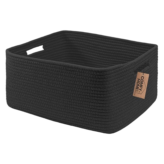 COMFY-HOMI Cotton Rope Woven Basket with Handles for Shelves,Toys,Book, Cloth Storage Baskets for Organizing-17" x 13" x 7.5" Toy Decorative Organizer for Living Room, Bathroom （all black）-CubbioJoy