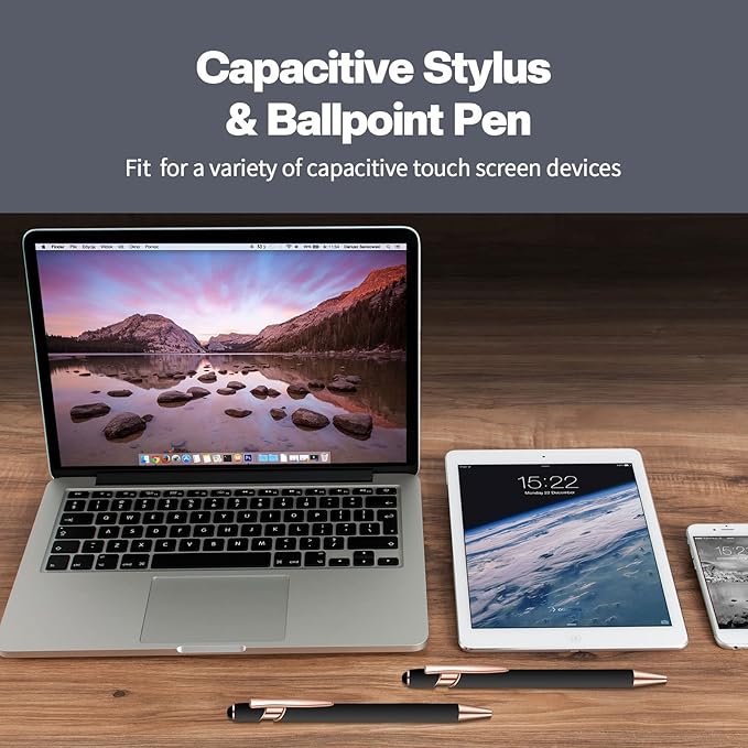 8 Pieces Ballpoint Pen with Stylus Tip Black Ink 2 in 1 Stylus Metal 1.0 mm Medium Point Smooth Pen Rainbow Colorful Rubberized Ballpoint for Touch Screen Tablet(Rose Gold, Black)-CubbioJoy