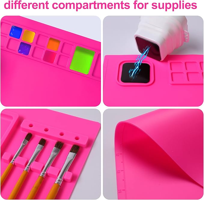 AWOKE Silicone Painting Mat - 20"X16" Silicone Art Mat with 1 Water Cup for Kids - Craft Mat has12 Color Dividers - 2 Paint Dividers (Rose)-CubbioJoy