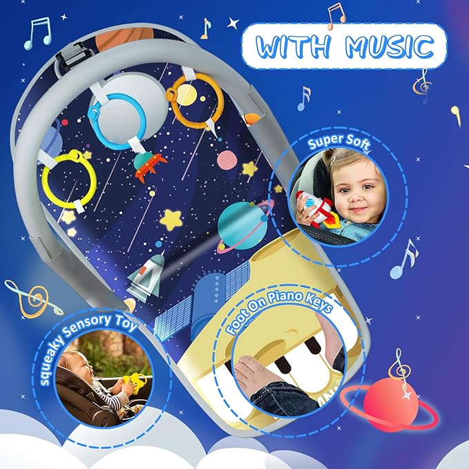 Car Seat Toys for Baby Infant 6 Months and Up, Carseat Toys with Musical Pedal Piano, Baby Mirror and Hanging Squeaky Sensory Soft Baby Toys 6 to 12 Months, Baby Car Toys Rear Facing-CubbioJoy