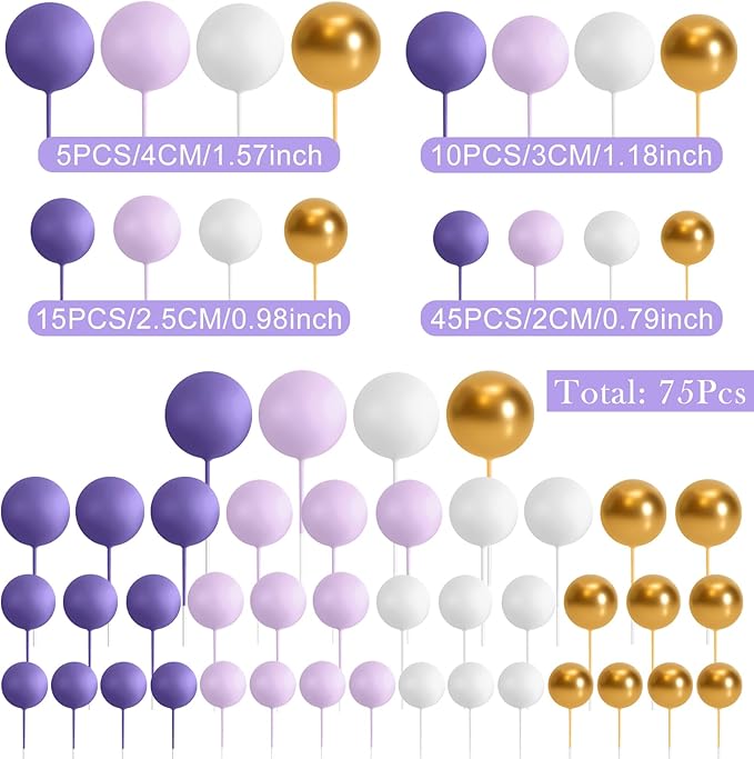 75 Pieces Cake Balls Topper Decorations Foam Cupcake Topper Mini Balloon Balls Cake Picks for Deco Birthday Party Wedding（Purple, Light Purple,Gold, White）-CubbioJoy