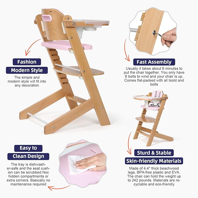 Cowiewie Natural Wooden High Chair for Babies & Toddlers 3-Tier Remove Adjustable Tray and Highchair with Cushions, Easy to Clean, Portable. (Pink)-CubbioJoy
