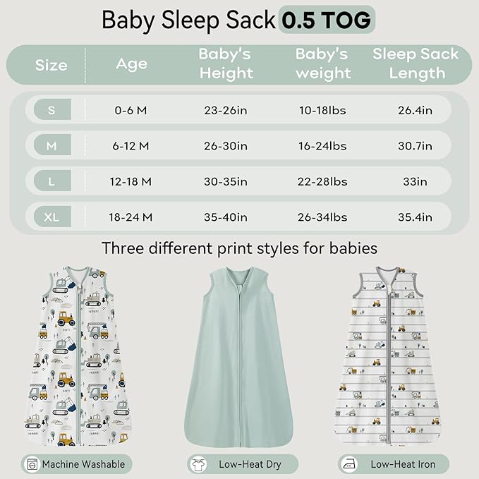 Baby Sleep Sack 6-12 Months 0.5 Tog Wearable Blanket Baby, 3 Pack 100% Cotton Lightweight Sleeping Sack with 2-Way Zipper for Newborn Infant Excavator-CubbioJoy