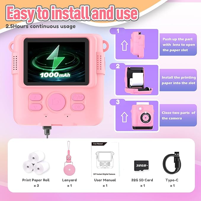 Instant Print Camera for Kids, Christmas Birthday Gifts Girls Boys Age 3-12, HD Digital Video Cameras Toddler, Portable Toy 3 4 5 6 7 8 9 10 Year Old Girl with 32GB SD Card-Pink-CubbioJoy