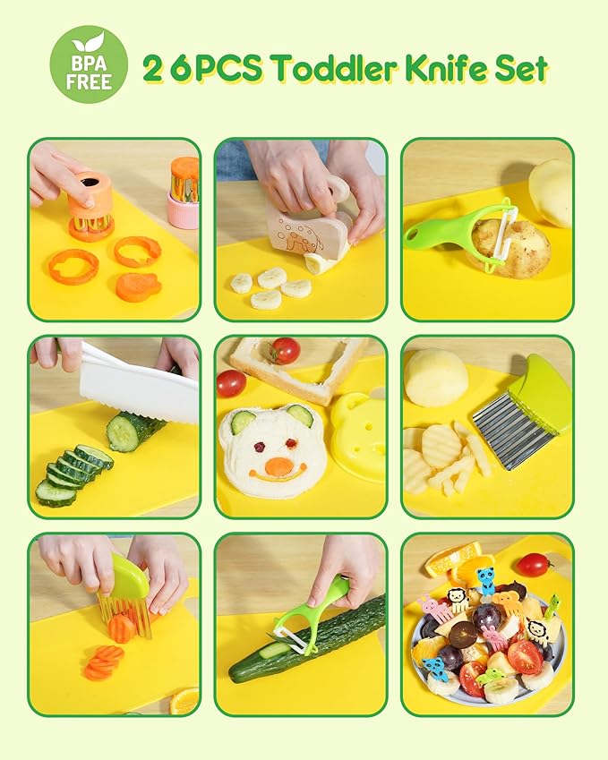 26 Pcs Kids Knife Set, Montessori Kitchen Tools for Toddlers' Real Cooking, BPA Free Knife Set Includes Crinkle Cutters Kid Safe Knives Cutting Board Peeler, Kitchen Tools for 4+ Year Old Girl Boy-CubbioJoy
