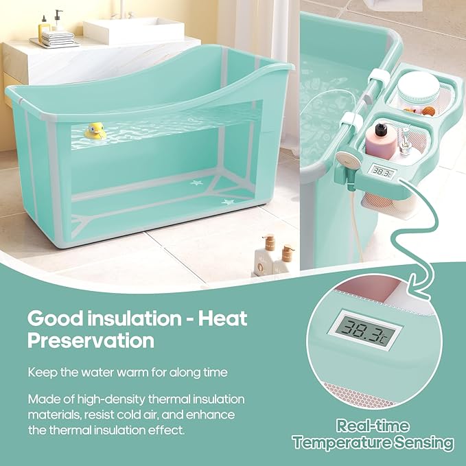 Collapsible Baby Bathtub Foldable Bathtub for Toddler Portable Large Foldable Bath Tub Bathtub for Kids Petite with Thermometer and Storage Basket (Green)-CubbioJoy