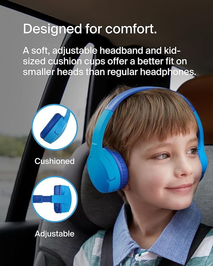 Belkin SoundForm Mini - Wireless Bluetooth Kids Headphones, 30H Battery, 85dB Safe Volume Limit, Built-in Microphone - Toddler On-Ear Earphones for iPhone, iPad - Ideal for School - Blue w/Case-CubbioJoy