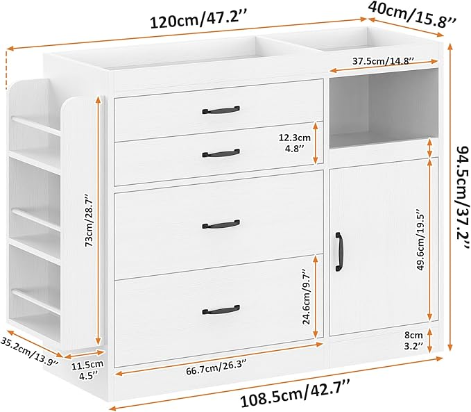Bigbiglife Changing Table Dresser, Baby Nursery Dresser with 4 Drawers & 1 Cabinet & 3 Open Shelves Storage, Modern Diaper Changing Station for Children's Room, Changing Pad Included, White-CubbioJoy
