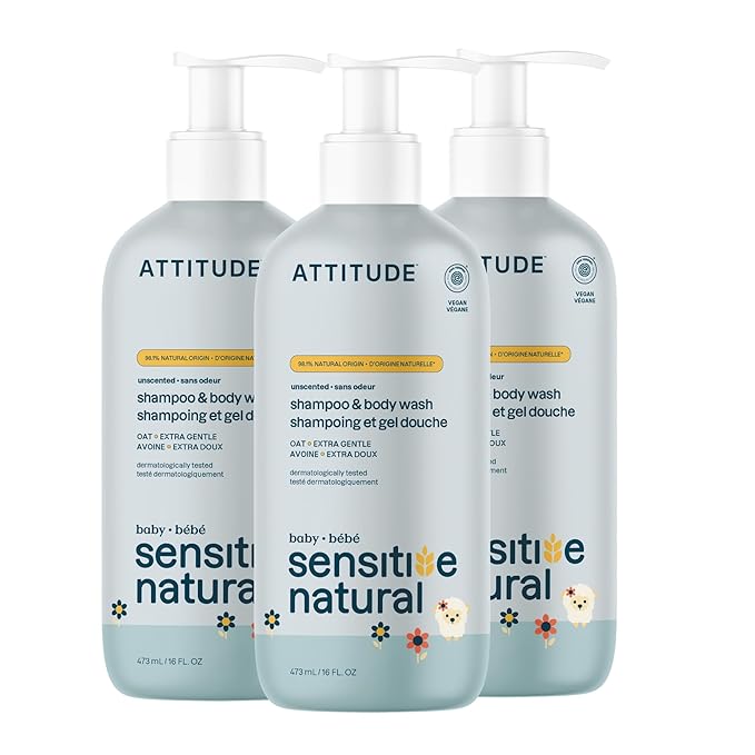 ATTITUDE 2-in-1 Shampoo and Body Wash for Baby, EWG Verified, Plant- and Mineral-Based Ingredients, Vegan Products for Sensitive Skin, Unscented, 16 Fl Oz (Pack of 3)-CubbioJoy
