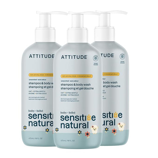 ATTITUDE 2-in-1 Shampoo and Body Wash for Baby, EWG Verified, Plant- and Mineral-Based Ingredients, Vegan Products for Sensitive Skin, Unscented, 16 Fl Oz (Pack of 3)-CubbioJoy