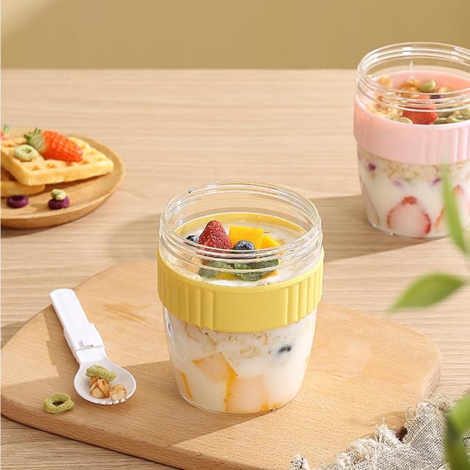 Breakfast On The Go Cups, Overnight Oats Containers With Lid And Folding Spoon, Take And Go Yogurt Cereal Snack Parfait Salad Containers For Lunch, Fruit & Vegetable Jar, 20 oz(Purple)-CubbioJoy