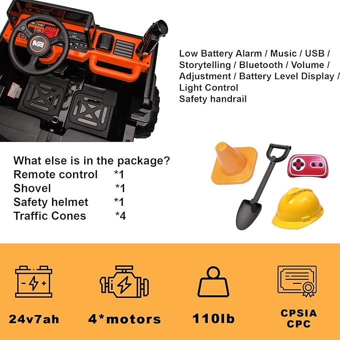 24V Ride On Dump Truck, 24inch-2 Seater Ride On Car for Kids w/Remote Control 4WD/2WD Up to 5 Mph, 24v Ride on Toys for Big Kids w/Electric Dump Bed Extra Shovel Traffic Cones (Orange)-CubbioJoy