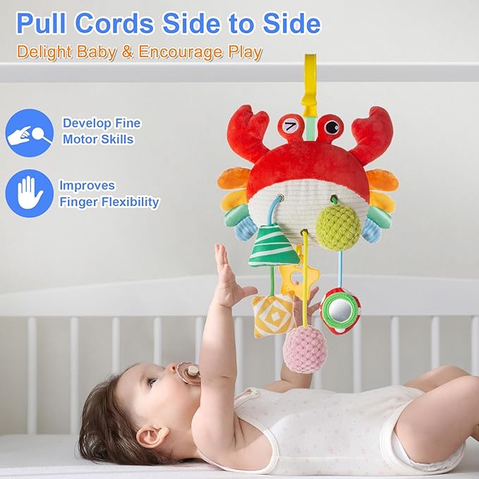 Car Seat Toy for Babies 0-6 Months, Stroller Toy with a Convenient clip, Carseat Toys Hanging Baby Accessories,Built-In Bell, Rattle,Squeaky,Mirror for infant,Babies Gift 0-3-6-12 months Boy Girl-CubbioJoy