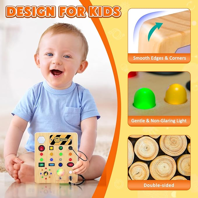 Busy Board with LED Light, Wooden Sensory Toys for Toddler, Montessori Music Toy for Airplane, Travel Activity Educational Learning Autism Toys, Birthday Boys Girls Gifts-CubbioJoy