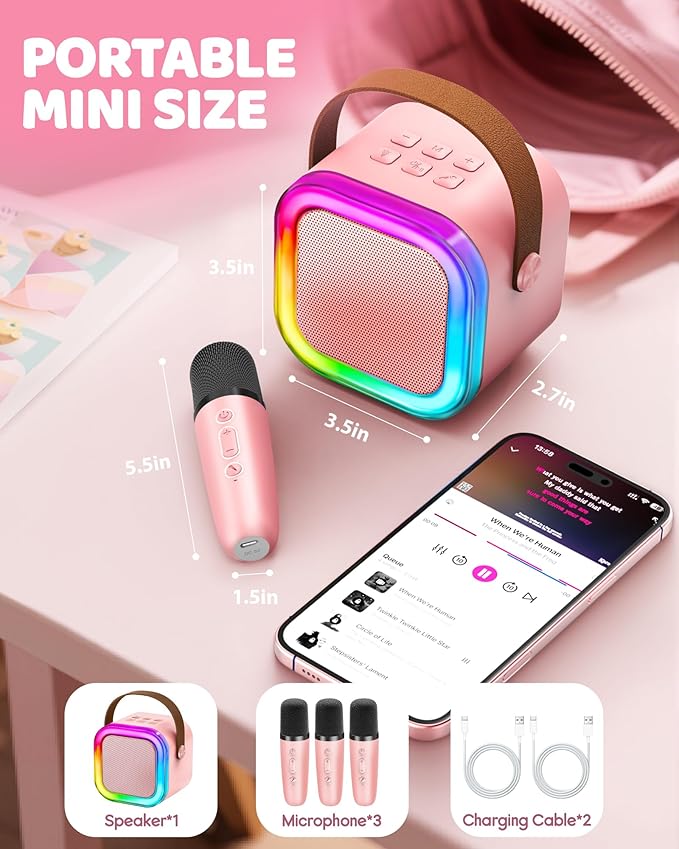 IROO Mini Karaoke Machine for Kids, 2025 TOP Toys Birthday Gifts Ideas for Girls Ages 4, 5, 6, 7, 8, 9, 10, 12+ Years Old, Portable MP3 Player with 3 Wireless Mics for Party-CubbioJoy