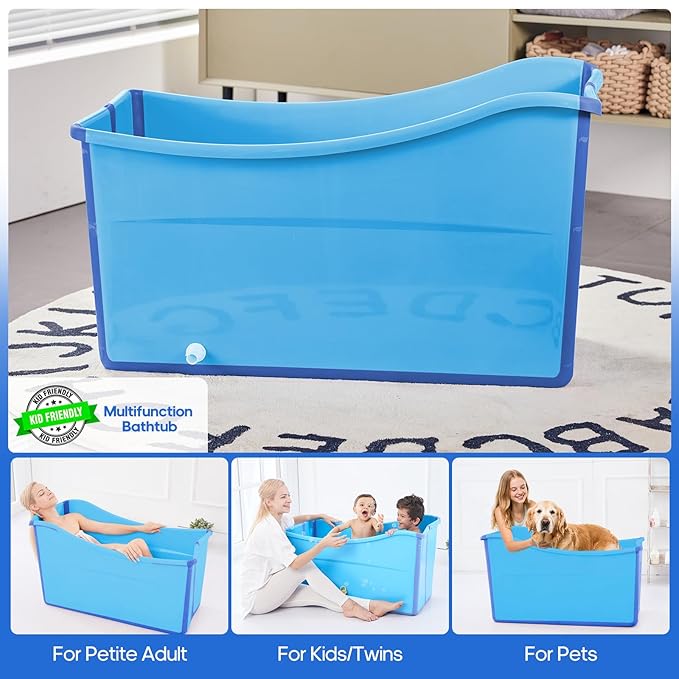 Collapsible Baby Bathtub Foldable Bathtub for Toddler Portable Large Foldable Bath Tub Bathtub for Kids Petite with Thermometer and Storage Basket (Blue)-CubbioJoy