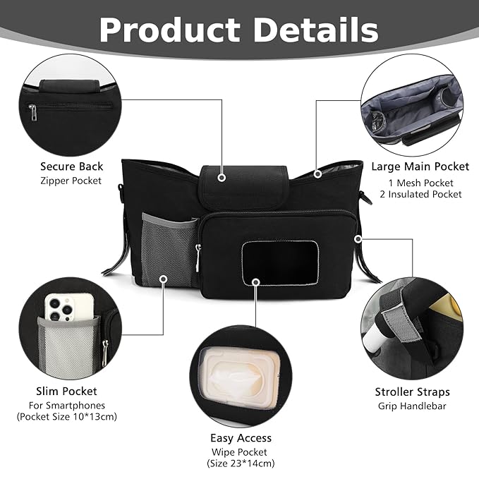 Accmor Universal Stroller Organizer with Insulated Cup Holder, Stroller Caddy Bag Accessories, Stroller Cup Holder Organizer for Uppababy Baby Jogger Britax Stroller, Black-CubbioJoy