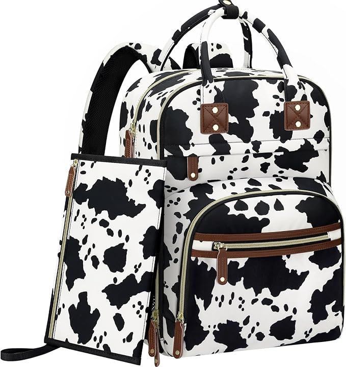 Diaper Bag Backpack for Women with Changing Pad, Baby Bag with Insulated Pockets Multifunctional Diaper Bags For Baby Girl Boy Waterproof Baby Bags For Boys Girls Maternity Bag Cow Print-CubbioJoy