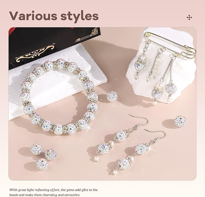 160pcs 10mm Rhinestone Beads for Jewelry Making, Crystal AB Shiny Round Disco Ball Beads Bulk, Sparkle Crystal Clay Christmas for Bracelet Baseball Necklace Earring Crafting and DIY-CubbioJoy