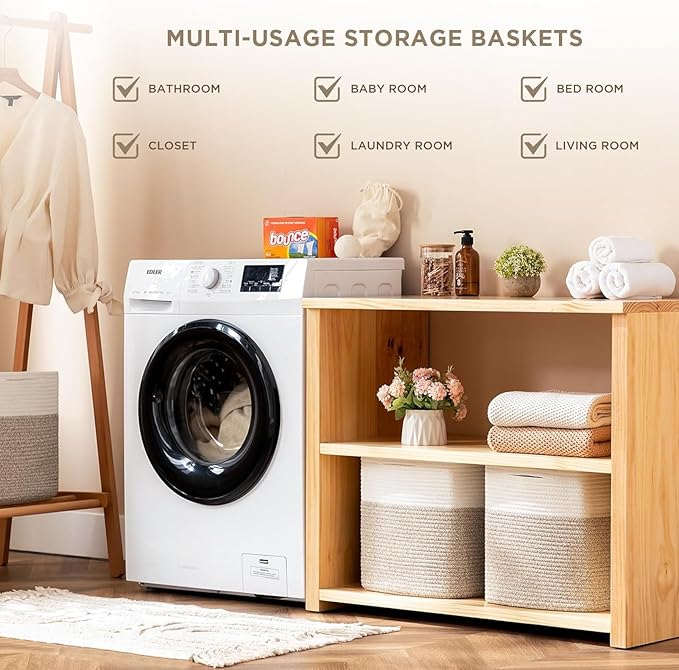 joybest Cube Storage Bins Set of 4, 13inch Cube Baskets Organizer for Nursery, Square Cotton Rope Baskets for Shelves Organizing, Kids Toy, Closet Storage, Brown and Cream White-CubbioJoy