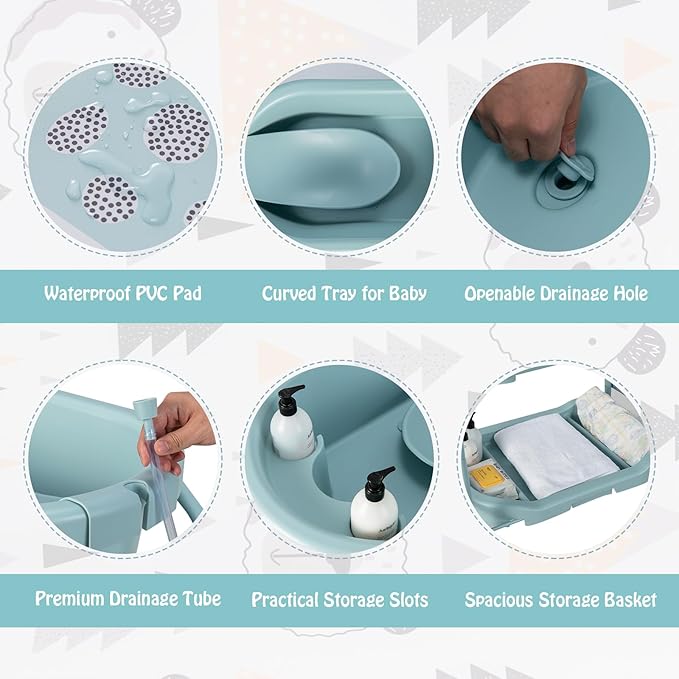 BABY JOY Baby Bathtub with Changing Table, Foldable Infant Diaper Changing Station with Storage Tray, Waterproof Pad, Portable Newborn Nursery Organizer Bath Stand with 4 Universal Wheels (Blue)-CubbioJoy