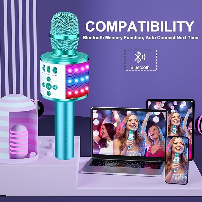 BONAOK Karaoke Microphone for Kids & Adults - Bluetooth Microphones Singing Mic with Disco Lights, Echo Effect, Built-in Speaker Portable Karaoke Player for Party Travel Gifts Q78(Ice Blue)-CubbioJoy