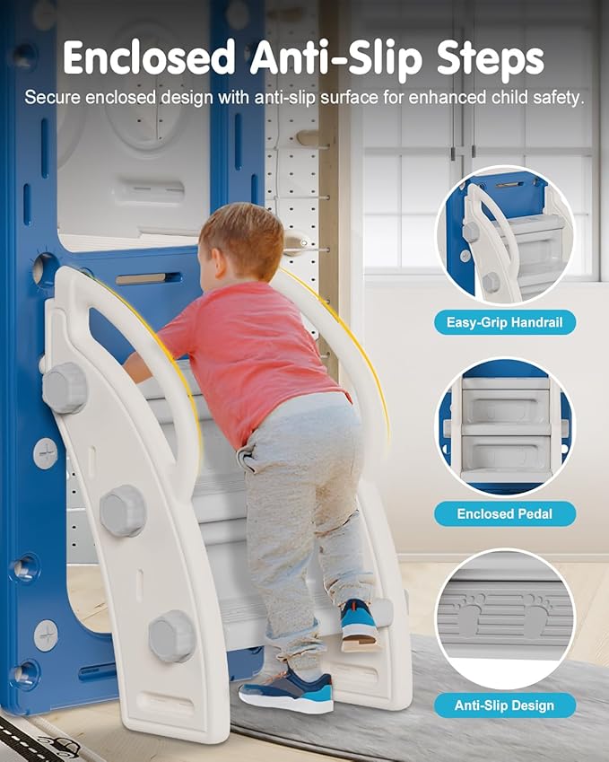 Babytronic Toddler Slide Set, 8 in 1 Kids Slide, Indoor Outdoor Slide for Toddlers Age 1-3, Toddler Playset with Basketball Hoop and Tunnel, Toddler Indoor Outdoor Playground, Blue&Grey-CubbioJoy