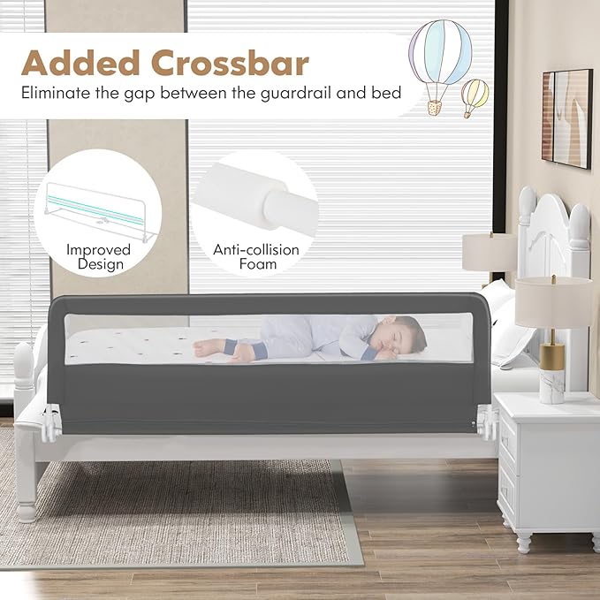 BABY JOY Bed Rails for Toddlers, 71'' Extra Long, Swing Down Bed Guard w/Safety Strap, Folding Baby Bedrail for Kids Twin, Double, Full Size Queen & King Mattress (71-Inch, Gray)-CubbioJoy