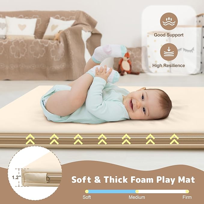 Baby Play Mat 47x47 Inches, Extra Thick 1.2" Foam Floor Mat for Tummy Time & Crawling, Waterproof Non-Slip Faux Leather Playpen Mat for Infants Toddlers, Indoor Outdoor Gym Activity, Beige-CubbioJoy