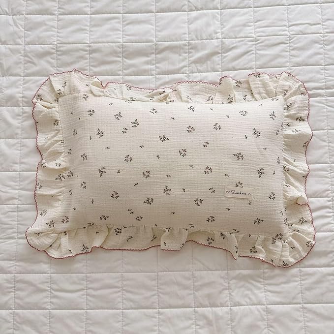 BuLuTu Cotton Muslin Kids Toddler Pillowcase with Ruffles, Chic Shabby Floral Pillow Cases, Girls Pillow Covers Fit 12"x16"/13"x18"/14"x19" Kids Pillow, Envelope Closure, Primrose Pattern, 1 Pack-CubbioJoy