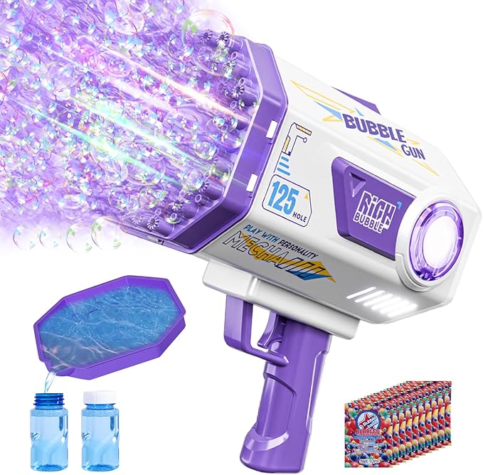 Bubble Gun, 125 Holes Bubble Machine Gun, Bubble Blaster Gun for Kids, Rechargeable Bubble Gun with Bubble Solution, Summer Toy Party Favors Bubble Maker for Wedding Birthday (Purple)-CubbioJoy