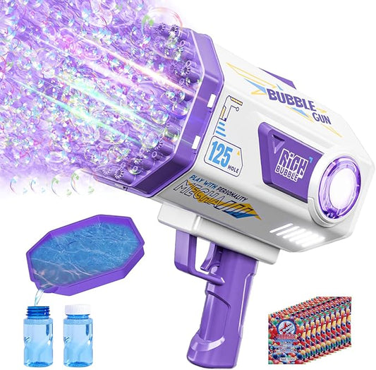 Bubble Gun, 125 Holes Bubble Machine Gun, Bubble Blaster Gun for Kids, Rechargeable Bubble Gun with Bubble Solution, Summer Toy Party Favors Bubble Maker for Wedding Birthday (Purple)-CubbioJoy