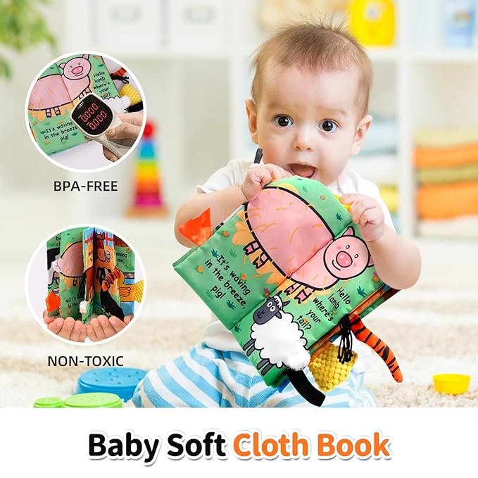 Jollybaby Baby Cloth Books, Touch & Feel Crinkle Soft Books, for Infants Babies, Toddler Early Educational Interactive Stroller Toys, Baby Girl & Boy Gift(Farm Tails)-CubbioJoy