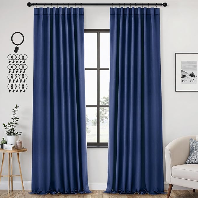 ANRODUO Back Tab Blackout Curtains for Bedroom Living Room, Rod Pocket Pinch Pleated Thermal Insulated Room Darkening Curtains 96 Inches Long 2 Panels, Navy Blue, 42 x 96 Inch-CubbioJoy