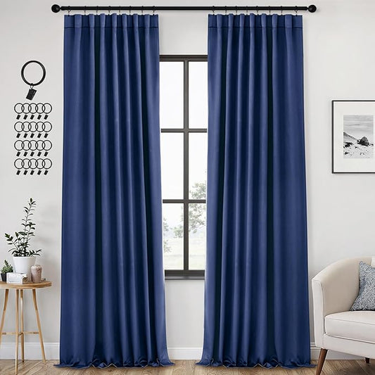 ANRODUO Back Tab Blackout Curtains for Bedroom Living Room, Rod Pocket Pinch Pleated Thermal Insulated Room Darkening Curtains 96 Inches Long 2 Panels, Navy Blue, 42 x 96 Inch-CubbioJoy