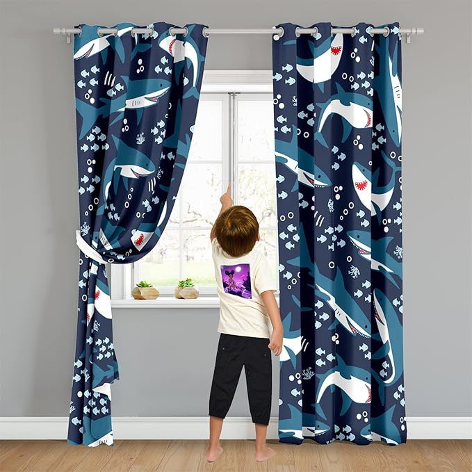 Cartoon Shark Blackout Curtain Panels Curtains Blue Curtains for Boys Bedroom Grommet Top Window Treatment 2 Panels Drapes Kids Room Decor Navy Blue Curtains 84 Inch Length, 82''x84''-CubbioJoy