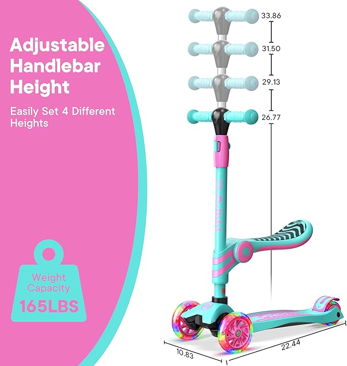 Candy 3 Wheel Scooter with Seat for Kids – Light-Up LED Wheels, Adjustable Handlebar and Seat, Smooth PU Wheels, Wide Anti-Slip Deck, Rear Foot Brake – Toddler Outdoor Toys for Ages 2+-CubbioJoy